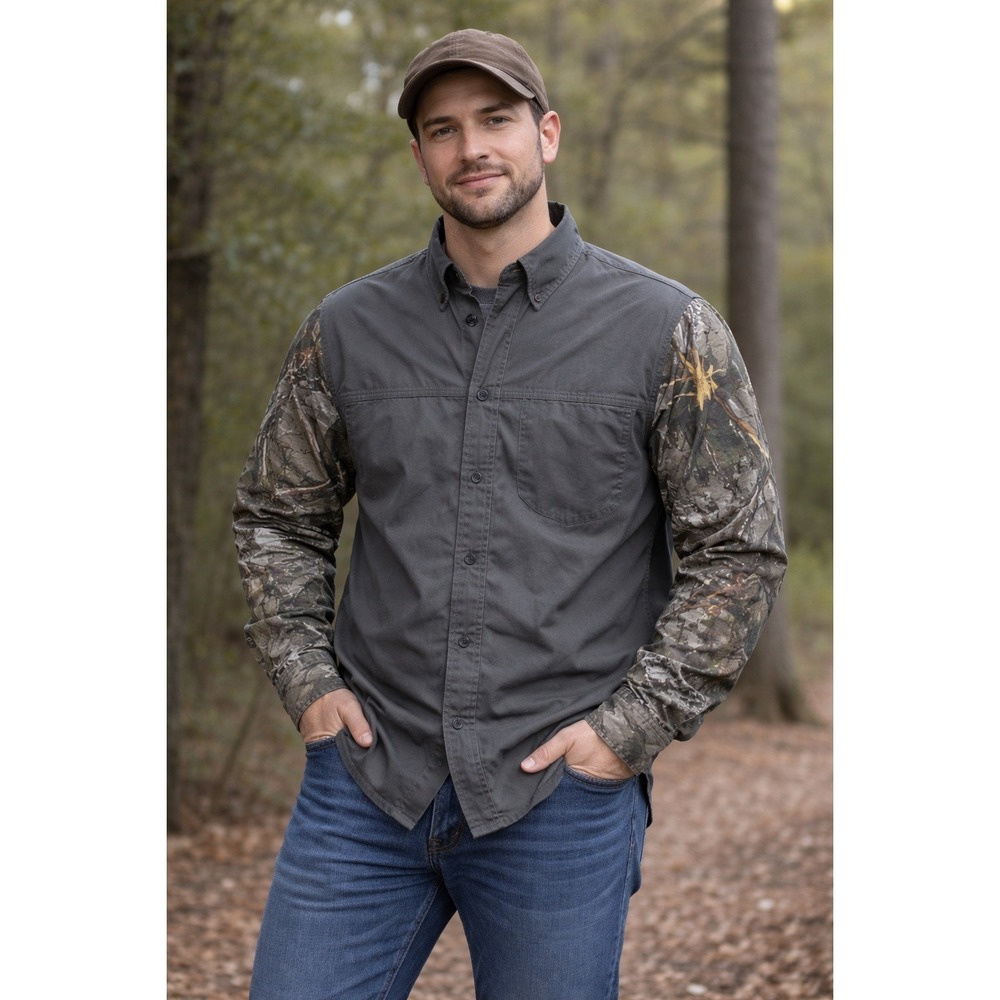 3/$25 Canyon Creek Men XL Gray Camo Button Down Gorpcore Hunting Shirt Cotton